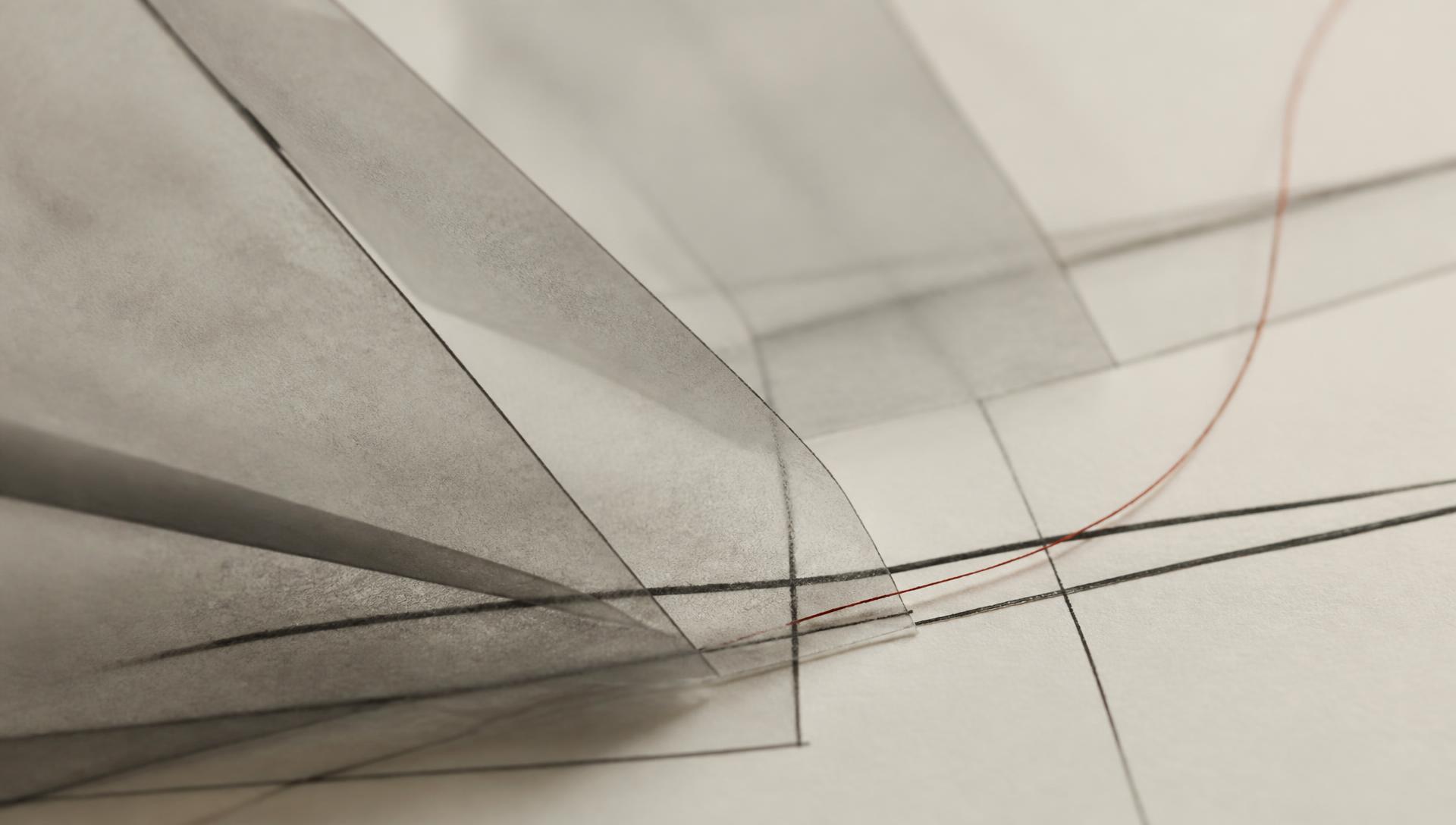 Layered translucent sheets and drawn lines resolving into a single figure